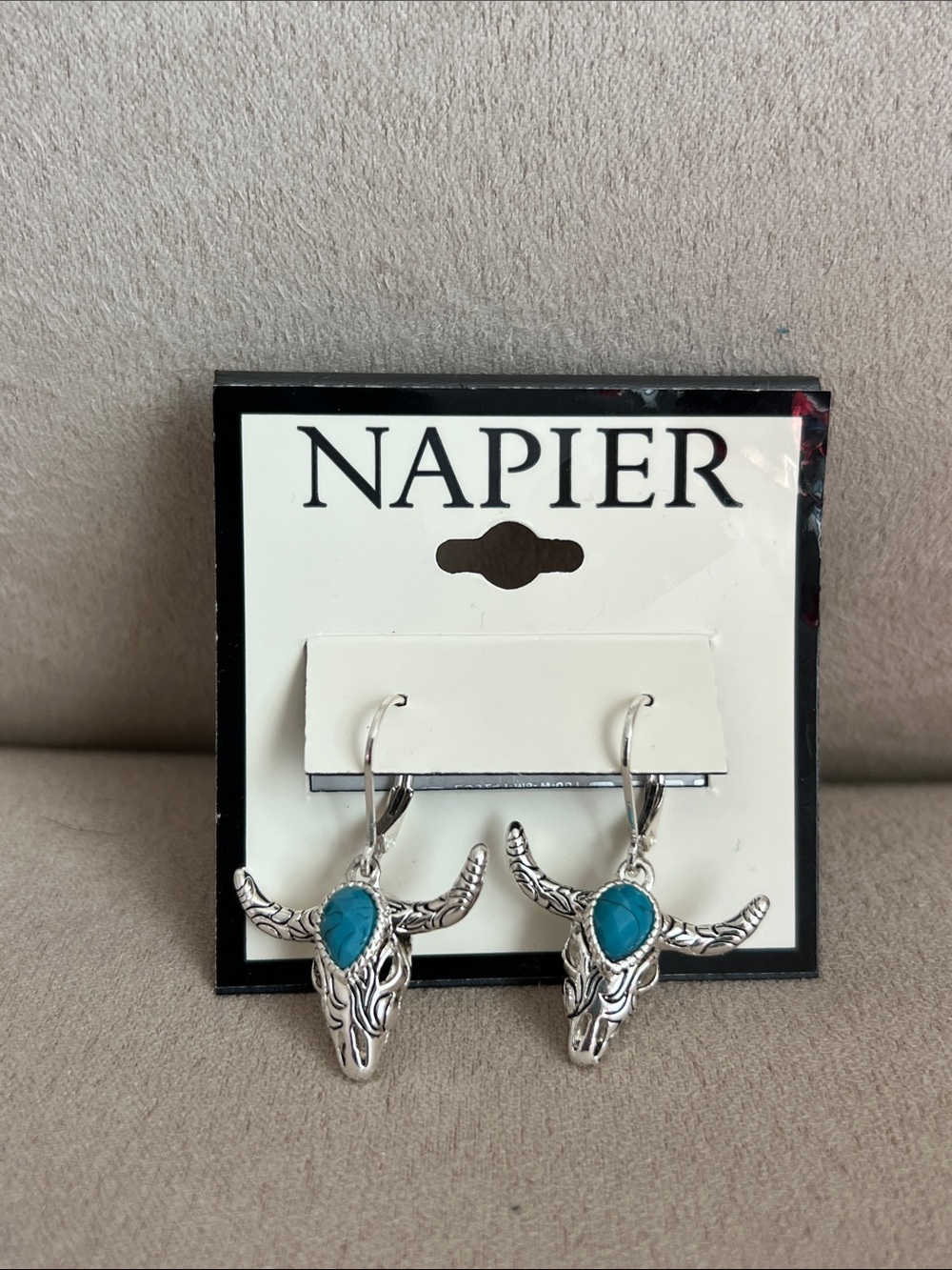 NWT Napier Silver-Tone Bull Skull Earrings with Turquoise Stone